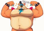  2021 animatronic anthro bearafterall belly biceps big_belly big_muscles bow_tie bracelet clothing dialogue ear_piercing ear_ring emanata english_text eyebrows five_nights_at_freddy&#039;s five_nights_at_freddy&#039;s:_security_breach flexing front_view fur glamrock_freddy_(fnaf) hat headgear headwear hi_res jewelry looking_at_viewer machine male mammal markings musclegut muscular muscular_anthro muscular_male navel overweight overweight_anthro overweight_male pecs piercing robot scottgames shoulder_pads simple_background smile solo spiked_bracelet spikes standing talking_to_viewer teeth text tongue top_hat tuft ursid video_games white_background 