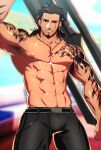  1boy abs absurdres arm_tattoo arm_up armpits bara beard black_hair black_pants bulge facial_hair final_fantasy final_fantasy_xv gladiolus_amicitia highres jewelry large_pectorals looking_at_viewer lvlv male_focus mature_male medium_hair muscular muscular_male navel navel_hair necklace nipples pants parted_lips patreon_logo patreon_username pectorals scar scar_across_eye scar_on_face shoulder_tattoo smile solo tattoo thick_thighs thighs topless_male watermark web_address 