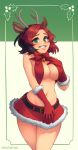  1girl animal_ears artist_name bare_shoulders bell belt black_hair bow breasts christmas cowboy_shot deer_ears fake_animal_ears fake_antlers fur-trimmed_gloves fur-trimmed_skirt fur_trim gloves green_eyes grin groin highres jingle_bell large_breasts looking_at_viewer monorus multicolored_hair navel neck_bell original parted_lips red_gloves red_hair remi_(monorus) santa_costume short_hair simple_background skirt smile solo streaked_hair two-tone_hair 