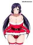  1girl absurdres angel_gabriel. belt blush breasts christmas cleavage clothes_lift dress dress_lift elbow_gloves gloves green_eyes highres large_breasts lingerie long_hair love_live! love_live!_school_idol_project one_eye_closed panties pantyshot purple_hair red_dress red_gloves red_panties santa_dress santa_gloves short_dress solo strapless strapless_dress striped striped_legwear thighhighs thighs thong toujou_nozomi underwear 