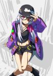  1girl bangs baseball_cap black_camisole black_headwear black_shorts breasts camisole choker cleavage collarbone fate/grand_order fate_(series) glasses hair_ribbon hat heroic_spirit_tour_outfit highres hood hooded_jacket jacket kama_(fate) large_breasts long_hair long_sleeves looking_at_viewer low_twintails midriff navel purple_jacket red_eyes revision ribbon short_shorts shorts silver_hair sitting solo thighs twintails yuukami_(wittsu) zipper_pull_tab 