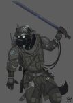 2017 anthro armor belt biped canid canine claws clothed clothing digital_media_(artwork) fully_clothed furgonomics gas_mask grey_background headgear helmet hi_res holster male mammal mask melee_weapon pouches simple_background solo standing sword warhammer_(franchise) warhammer_40000 weapon wolfdawg 