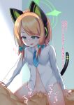  1boy 1girl animal_ears blonde_hair blue_archive breasts cat_ear_headphones cat_ears clothed_sex commentary_request cowgirl_position green_eyes hair_ribbon halo headphones heavy_breathing highres kirisame_mia midori_(blue_archive) open_mouth pussy_juice ribbon school_uniform sex simple_background small_breasts solo_focus straddling sweat 