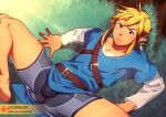 2017 blonde_hair blue_clothing blue_eyes blue_shirt blue_topwear bulge clothing grass hair humanoid humanoid_pointy_ears hylian link lvlv male nintendo not_furry plant shirt solo text the_legend_of_zelda topwear url video_games 