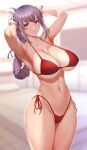  1girl adjusting_hair armpits arms_up bikini braid braided_ponytail breasts cleavage collarbone curvy fate/grand_order fate_(series) florence_nightingale_(fate) gloves highleg highleg_bikini highres large_breasts legs_together lips long_hair looking_at_viewer navel parted_lips purple_hair red_bikini red_eyes shiny shiny_hair side-tie_bikini single_braid solo standing stomach swimsuit tan thick_thighs thighs underboob undersized_clothes white_gloves zucchini 