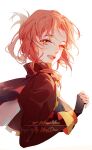  1girl :d artist_name bangs black_gloves fingerless_gloves forehead gloves highres honkai_(series) honkai_impact_3rd jacket long_sleeves looking_at_viewer looking_to_the_side murata_himeko murata_himeko_(valkyrie_triumph) open_mouth red_hair red_jacket simple_background smile solo white_background whiteshirt yellow_eyes 