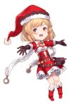  1girl blonde_hair breasts chibi christmas djeeta_(granblue_fantasy) dress full_body gloves granblue_fantasy hat looking_at_viewer open_mouth santa_hat short_hair simple_background smile solo white_background yu_mochi_(kamiinu) 