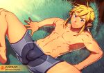 2017 blonde_hair blue_eyes bulge clothed clothing grass hair humanoid humanoid_pointy_ears hylian link lvlv male nintendo nipples not_furry plant solo text the_legend_of_zelda topless topless_humanoid topless_male url video_games 