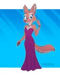  2021 anthro blue_background canid canine clothing diane_foxington dreamworks dress female fox fur hi_res jewelry mammal necklace purple_clothing purple_dress serareldeer simple_background smile solo the_bad_guys 