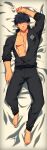  1boy abs absurdres arm_up bangs bara bare_pectorals black_hair black_shirt blush bulge dakimakura_(medium) doudanuki_masakuni full_body highres japanese_clothes large_pectorals looking_at_viewer lvlv male_focus muscular muscular_male navel nipples open_clothes open_shirt pectorals scar scar_on_face shirt short_hair sleeves_rolled_up solo touken_ranbu yellow_eyes 