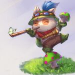  anthro blowgun boots bottomwear clothed clothing eyes_closed footwear fungus gloves grass handwear hat headgear headwear hi_res league_of_legends male mushroom pants plant riot_games simple_background solo teemo_(lol) topless topless_male video_games yordle 