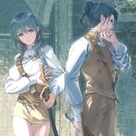  1boy 1girl arm_at_side arm_garter between_breasts blue_eyes breasts brown_pants buckle buttons byleth_(fire_emblem) byleth_(fire_emblem)_(female) closed_mouth commentary_request cowboy_shot day ears eyebrows_visible_through_hair felix_hugo_fraldarius fire_emblem fire_emblem:_three_houses garreg_mach_monastery_uniform hair_between_eyes hair_bun hair_over_shoulder hand_on_own_face harusame_(rueken) high_collar holding holding_sword holding_weapon large_breasts light_smile long_sleeves looking_at_another looking_to_the_side medium_hair orange_eyes outdoors pants plant sheath sheathed shiny shiny_hair shirt short_hair shoulder_belt sidelocks sideways_glance standing stone_wall strap_between_breasts sweat sword tied_hair uniform wall weapon white_shirt wiping_sweat wooden_sword 