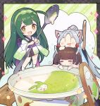  3girls =3 =_= ahoge animal_ears bangs beads blunt_bangs blush brown_eyes brown_hair chibi commentary_request eyebrows_visible_through_hair food fox_ears fox_girl green_hair green_hairband grey_hair haagen-dazs hair_beads hair_ornament hairband headgear highres holding holding_spoon ice_cream japanese_clothes long_hair looking_at_viewer multiple_girls open_mouth ponytail shirinda_fureiru simple_background sparkle spoon star_(symbol) stool tabi touhoku_itako touhoku_kiritan touhoku_zunko very_long_hair voiceroid wide_sleeves zundamon 