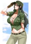  1girl adjusting_clothes adjusting_headwear anagumasan blue_eyes breast_pocket breasts brown_gloves cleavage cowboy_shot cropped_legs gloves green_shirt highres khakis midriff military military_uniform nico_robin one_piece pants pocket shaded_face shirt sleeves_rolled_up thighs uniform 