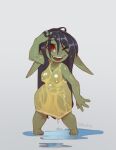  4_fingers black_hair breasts clothing dripping fangs female fingers goblin green_body green_skin hair hi_res huffslove humanoid humanoid_pointy_ears long_hair red_eyes short_stack simple_background solo trixie_(huffslove) wet wet_clothing white_background yellow_clothing 