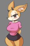 absurd_res aggressive_retsuko anthro bottomwear breasts cervid clothed clothing cooliehigh female grey_background hi_res looking_at_viewer mammal miniskirt sanrio simple_background skirt solo tsunoda 