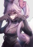  1girl absurdres animal_ear_fluff animal_ears bangs black_bodysuit blush bodysuit bow breasts center_opening choker cleavage fate/grand_order fate_(series) fox_ears fox_girl fox_tail glasses hair_between_eyes hair_bow heart heart_hands highres hip_vent koyanskaya_(fate) large_breasts long_hair looking_at_viewer parted_lips pink_bow pink_hair ponytail sidelocks smile solo tail tamamo_(fate) yellow_eyes 