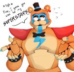  2021 animatronic anthro bodily_fluids bow_tie bracelet claws clothing dialogue dnsharf ear_piercing ear_ring english_text five_nights_at_freddy&#039;s five_nights_at_freddy&#039;s:_security_breach glamrock_freddy_(fnaf) hat headgear headwear hi_res jewelry looking_away machine male mammal markings meme muscular muscular_anthro muscular_male piercing reaction_image robot scottgames shoulder_pads simple_background spiked_bracelet spikes standing sweat sweatdrop talking_to_viewer text top_hat ugh_fine_i_guess_you_are_my_little_pogchamp ursid video_games white_background 