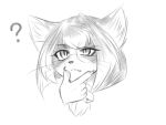  ? anthro bell bell_collar claws collar eyebrows eyewear fangs felid feline female finger_claws finger_on_chin glasses greyscale hair hi_res inner_ear_fluff kemono long_hair mammal monochrome oekakidmk_2 pawpads pupils raised_eyebrow simple_background slit_pupils solo thinking tuft whiskers white_background 