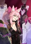  1girl animal_ear_fluff animal_ears bangs black_bodysuit black_dress bodysuit bow breasts center_opening china_dress chinese_clothes choker cleavage coat coffeekite dress fang fate/grand_order fate_(series) fox_ears fox_girl fox_tail fur-trimmed_coat fur_trim glasses green_dress green_headwear hair_between_eyes hair_bow hat highres hip_vent jacket koyanskaya_(fate) large_breasts long_hair mannequin open_mouth pink_bow pink_hair ponytail sidelocks smile tail tamamo_(fate) thighs white_coat white_jacket yellow_eyes 