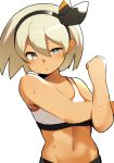  1girl bangs bare_arms bea_(pokemon) black_hairband blonde_hair bow_hairband closed_mouth commentary_request eyelashes grey_eyes hair_between_eyes hairband highres looking_at_viewer medium_hair mituyota_76 navel pokemon pokemon_(game) pokemon_swsh shiny shiny_hair simple_background solo sports_bra stretch sweat upper_body white_background 