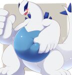  2021 5_fingers absurd_res ai_only_dream belly blue_belly blue_body blue_eyes blue_tail blush border fingers front_view grey_background hand_on_stomach hi_res holding_belly legendary_pok&eacute;mon looking_down lugia nintendo open_mouth pink_tongue pok&eacute;mon pok&eacute;mon_(species) simple_background solo tongue two_tone_tail video_games white_body white_border white_tail 