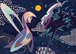  absurdres closed_eyes commentary_request cresselia darkrai from_side head_down highres moon night no_humans outdoors outline pokemon pokemon_(creature) signature sky sparkle styraco 