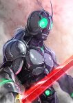  1boy antennae armor belt green_eyes helmet highres holding holding_sword holding_weapon kamen_rider kamen_rider_black_(series) kuroda_asaki long_hair male_focus satan_saber shadow_moon solo sword weapon 