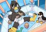  anthro avian bird diaper dinosaur falcon falconid feeding_bottle male nephy_abdl_(peregrine) pacifier padded padding peregrine_falcon playpen plushie reptile scalie solo toy yookey 