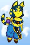 2021 4k absurd_res animal_crossing ankha_(animal_crossing) anthro areola areola_slip beerus big_breasts blue_eyes blue_hair breast_squish breasts cleavage cleavage_overflow clothed clothing curvy_figure digital_media_(artwork) domestic_cat dragon_ball dragon_ball_super ear_piercing eyelashes eyeshadow felid feline felis female fingers flying fur hair hi_res huge_breasts long_tail looking_at_viewer makeup mammal nintendo nipple_slip piercing short_hair simple_background solo someth1ngoranother squish thick_thighs video_games voluptuous wide_hips yellow_body yellow_fur 