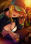  1girl absurdres ahoge alcohol artoria_pendragon_(fate) baseball_cap bikini blonde_hair blue_eyes blue_headwear blue_jacket blush breasts cleavage cropped_jacket cup drinking_glass fate/grand_order fate_(series) hair_between_eyes hair_through_headwear hat highres jacket large_breasts liquor long_hair long_sleeves looking_at_viewer mysterious_heroine_xx_(fate) open_mouth ponytail shrug_(clothing) sidelocks smile solo suppa_(hagakuresuppa) swimsuit white_bikini wristband 