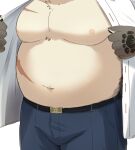  absurd_res anthro belly birthmark canid canine canis clothed clothing domestic_dog dress_shirt fur hi_res lifewonders male mammal markings moritaka multicolored_body multicolored_fur musclegut navel nipples open_clothing open_shirt open_topwear pecs scar shirt solo tokyo_afterschool_summoners topwear two_tone_body two_tone_fur video_games zuboboz 