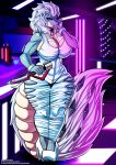  absurd_res anthro artofthediscipline bar big_breasts big_tail breasts capcom clothing dragon fanged_wyvern female hi_res high_heels monster_hunter solo tobi-kadachi video_games weapon wide_hips 