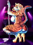  absurd_res anthro artofthediscipline big_breasts big_butt breasts butt crouching dancing felid female hi_res high_heels huge_butt mammal nightclub pantherine pole pole_dancing raised_tail rear_view smile solo tiger 