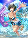  1girl amazio_komeko azami_(saga) beach bikini black_hair blue_sky cloud collarbone day front-tie_bikini front-tie_top green_eyes miniskirt ocean outdoors palm_tree romancing_saga_2 saga sandals scarf short_hair skirt sky smile swimsuit tassel tree weapon 