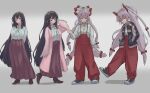  2girls 4girls adapted_costume alternate_costume baggy_pants bangs black_hair blunt_bangs bow bowtie brown_eyes collared_shirt fujiwara_no_mokou high_heels highres hime_cut houraisan_kaguya kaden_(muxt8423) long_hair multi-tied_hair multiple_girls overalls pants pink_coat pocket purple_skirt red_eyes red_overalls shirt shoes sidelocks silver_hair simple_background skirt sneakers touhou very_long_hair white_background white_bow white_bowtie white_hair white_shirt 