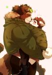  2021 absurd_res anthro blush bodily_fluids booboo34 bottomwear brown_body brown_fur canid canine carrying clothing duo fur hi_res kemono male male/male mammal overweight overweight_male pants raccoon_dog sweat tanuki 