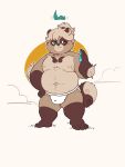  2021 anthro belly blush brown_body brown_fur bulge canid canine clothing fur haoming hi_res humanoid_hands jockstrap kemono male mammal moobs navel nipples overweight overweight_male raccoon_dog solo tanuki underwear young 