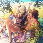  1boy 1girl absurdres alternate_costume ankle_strap armpits basket beach beach_towel bikini black_bikini black_swimsuit blush bottle bracelet breasts brown_hair bucket byleth_(fire_emblem) byleth_(fire_emblem)_(female) chest_hair claude_von_riegan cleavage closed_eyes closed_mouth commentary dappled_sunlight dark-skinned_male dark_skin day earrings english_commentary enlightened_byleth_(female) feet_out_of_frame fire_emblem fire_emblem:_three_houses fire_emblem_heroes flower green_hair hair_between_eyes hair_flower hair_ornament hair_slicked_back head_rest highres ice_bucket innertube jewelry knees_up large_breasts lips long_hair looking_at_another lying lying_on_person navel necklace official_alternate_costume on_back open_clothes open_shirt outdoors palm_tree profile ribbon shade shawl shirt short_hair sideburns smile stomach stretch sunglasses sunlight sweat sweatdrop swimsuit thighs towel tree wrist_ribbon yellow_shirt zhihaiwusheng 