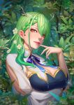  1girl antlers arm_under_breasts ava_(ava31) bow breasts ceres_fauna cleavage cleavage_cutout clothing_cutout eyebrows_behind_hair flower green_hair hair_behind_ear hair_flower hair_ornament highres hololive hololive_english large_breasts leaf looking_at_viewer mole mole_under_eye parted_lips portrait purple_bow virtual_youtuber white_flower yellow_eyes 