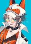  1boy :3 animal_collar baseball_cap black_collar blue_background blue_eyes character_name collar collarbone collared_jacket collared_shirt fox_hat grey_hair hat highres jacket looking_at_viewer male_focus mysta_rias nijisanji nijisanji_en open_mouth orange_shirt round_eyewear shinoi111 shirt short_hair simple_background solo sunglasses upper_body virtual_youtuber white_jacket 