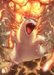  commentary explosion fangs fire from_above highres no_humans open_mouth pokemon pokemon_(creature) red_eyes solo spareribs standing toes tongue typhlosion 