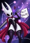  &lt;3 armwear boots cape clothed clothing deep_cleavage elbow_gloves english_text fecharis female footwear gloves handwear hip_dips hollow_knight hornet_(hollow_knight) legwear melee_weapon meme navel seviesphere signature skimpy solo sword team_cherry text thigh_boots thigh_highs video_games weapon white_body white_skin 
