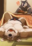  2021 anthro black_body black_nose blush brown_body canid canine canis censored clothing detailed_background domestic_dog duo eyes_closed genitals hi_res hoodie humanoid_hands inside kemono kotatsu kotori lying male mammal penis slightly_chubby topwear underwear 