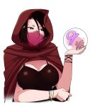  1girl absurdres black_eyes black_hair bob_cut breasts bright_pupils cloak crystal_ball dress highres hood hooded_cloak large_breasts original short_hair solo tesu upper_body 