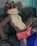  absurd_res anthro blush bulge canid canine canis casual_nudity clothing dreamworks embarrassed furniture genitals hi_res male mammal mr._wolf_(the_bad_guys) penis penis_through_leghole poking_out saberpaws slightly_chubby sofa the_bad_guys underwear wolf 