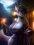  3:4 alcohol anthro asian_clothing beverage big_breasts breasts brown_body brown_fur canid canine chest_tuft cleavage clothed clothing ear_piercing east_asian_clothing female fox fur general-irrelevant hair hi_res holding_beverage holding_object japanese_clothing lamp looking_at_viewer mammal outside piercing red_eyes sake smile solo torii tuft 