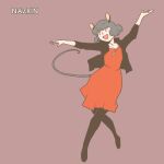  1girl alternate_costume animal_ears arm_up black_jacket black_legwear character_name commentary_request dancing dress full_body grey_hair hand_up jacket jewelry mouse_ears mouse_tail nazrin onikobe_rin open_mouth outstretched_arm pantyhose pendant red_dress red_eyes short_hair simple_background smile solo tail touhou 