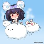  1girl :3 :o animal animal_ears bangs black_hair blue_background blush bow chibi closed_mouth cloud commentary_request dress eyebrows_visible_through_hair granblue_fantasy hands_up long_sleeves looking_at_viewer mitya mouse mouse_ears nose_blush parted_lips purple_bow red_eyes solid_circle_eyes solo sweat twitter_username vikala_(granblue_fantasy) white_dress wide_sleeves 
