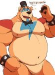  2021 animatronic anthro belly big_belly big_muscles blush bow_tie bracelet claws clothing dialogue ear_piercing ear_ring english_text eyebrows five_nights_at_freddy&#039;s five_nights_at_freddy&#039;s:_security_breach fur glamrock_freddy_(fnaf) hat headgear headwear hi_res humanoid_hands jewelry machine male mammal markings musclegut muscular muscular_anthro muscular_male navel nipples nude open_mouth open_smile overweight overweight_anthro overweight_male pawpads pecs piercing praise robot scottgames shoulder_pads simple_background smile solo spiked_bracelet spikes standing star teeth text tongue top_hat tuft ursid video_games vitashi white_background 